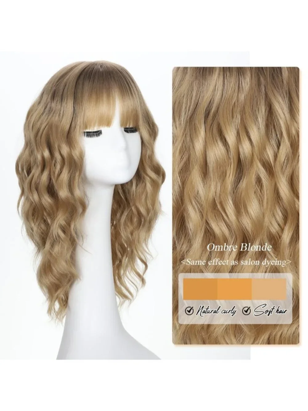 Women's Blonde Ombre 16 Inch Wavy Wig Bangs Shoulder Length Synthetic Hair